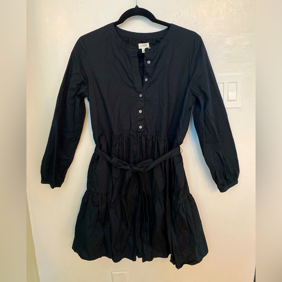 J. Crew Factory Dresses & Skirts - J Crew Black Poplin Tie Waist Flounce Dress Button Up Size Small A-line, Flared